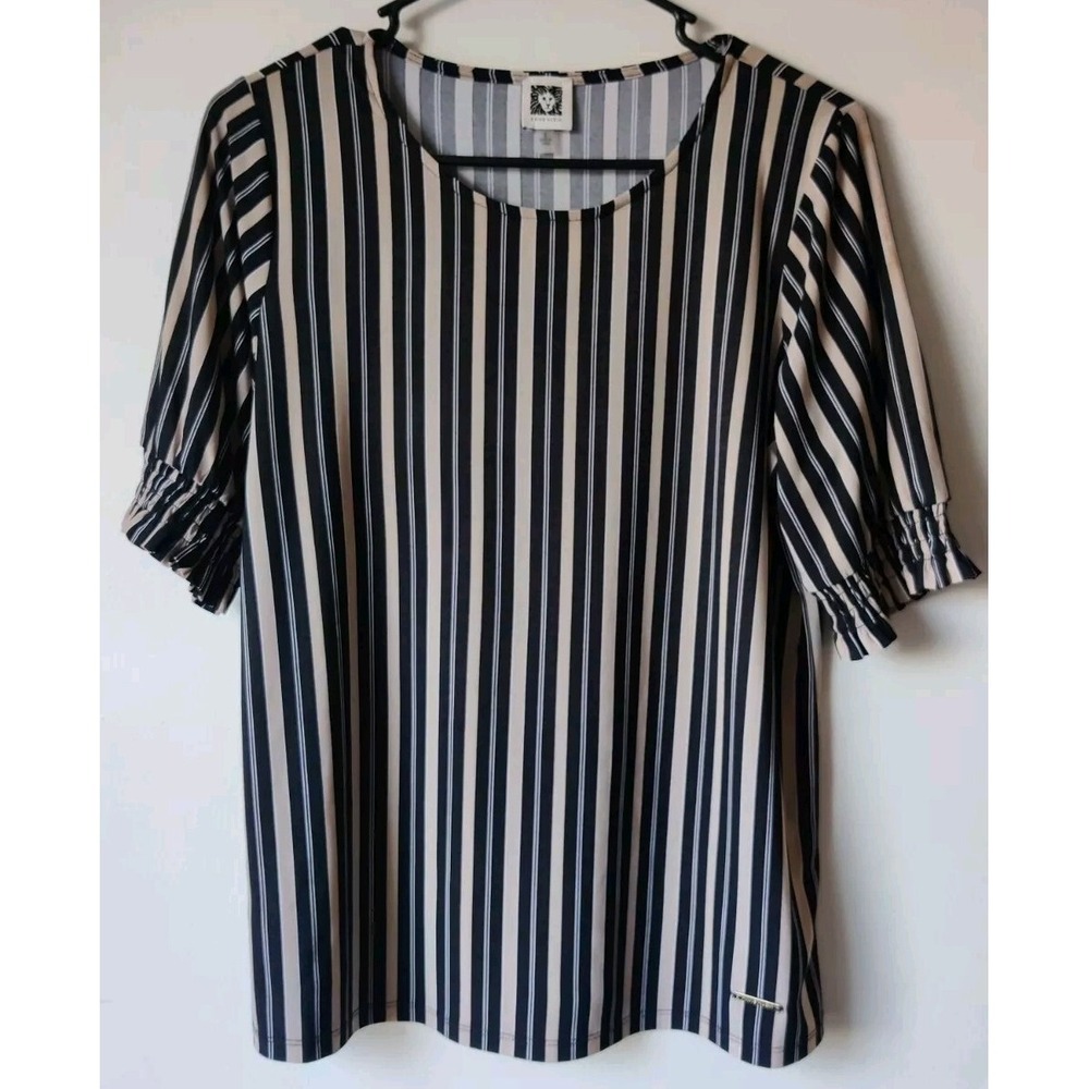 Womens Ann Klein Striped Short Sleeve Stretch Slinky Travel Work Top Blouse Sz S